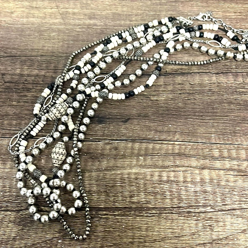 Beautiful Detachable 5-Strand Black/White/Silver Tone Bead & Chain Necklace